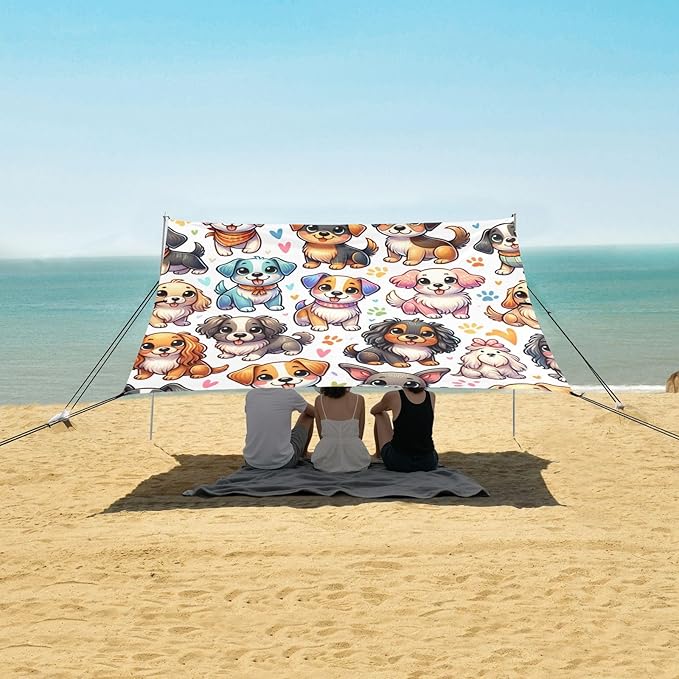ALAZA Cute Rainbow Dogs Puppy Beach Tent Sun Shelter UPF50+ Protection Beach Shade Canopy w/ 4 Sandbags for Outdoor Camping Fishing Backyard Fun Picnic 10x9 ft
