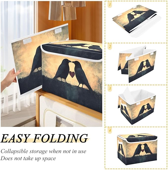 AIXIWAWA Lidded Storage Cube (Birds Heart Love) Fabric Foldable Closet Bins with Flip Lid and Handles Organizer Basket Container 16.5 x 12.6 x 11.8 IN