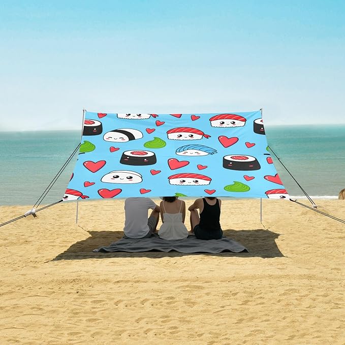 xigua Sushi Beach Tent Sun Shelter with Carrying Bag - Silver Coated Oxford Fabric Beach Canopy for Beach Camping Fishing - Includes Windproof Ropes Sandbags &amp Stakes