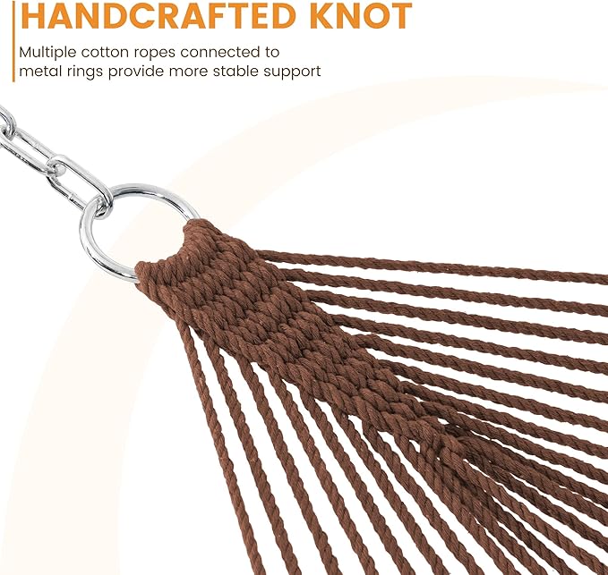 Lazy Daze Hammocks Double Rope Hammock 2 Person Traditional Outdoor Hand Woven Cotton Rope Hammock with Spreader Bar Carabiners Tree Straps Chains for Patio Yard - Max 450 Lbs Dark Brown