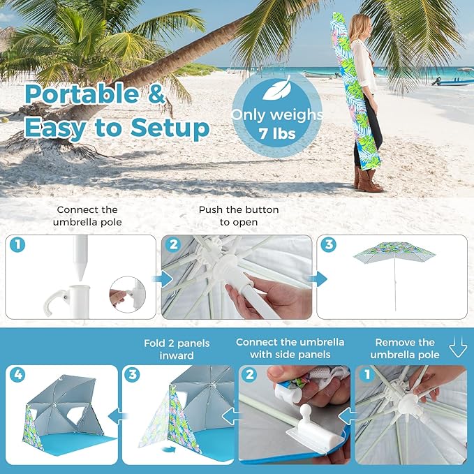 Tangkula Beach Tent for 2-4 People 2-in-1 Beach Tent Sun Shelter with Extendable Floor Roll-Up Windows UPF50+ Easy Setup Beach Umbrella for Shade Pool Backyard Camping