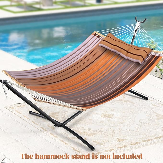 Tangkula 10.5FT Double Hammock Heavy Duty Outdoor Hammock with Curved Spreader Bars Detachable Pillow 2 Person Hammocks for Outside Porch Patio (Stand is not Included) (Coffee)