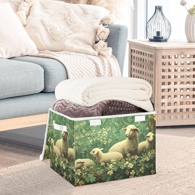 Storage Cube with Lid Green Leaves Sheep Print 16.5×12.6×11.8 IN Collapsible Large Capacity Foldable Storage Basket Bin Organizer