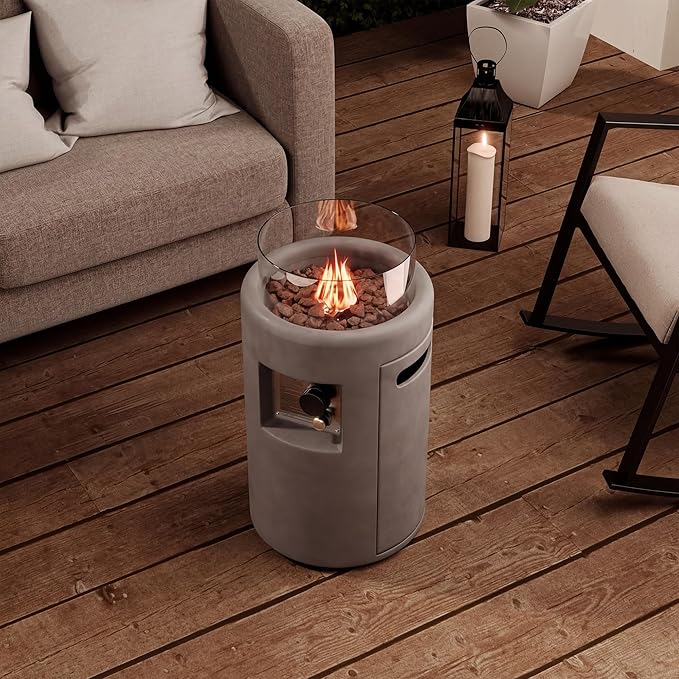 SUNBURY Outdoor Gas Fire Column 40000 BTU Propane Fire Pit for Patio Party &amp Gathering Compact Flame Heater with Lava Rocks Waterproof Cover for Yard &amp Deck Ambiance (Grey)