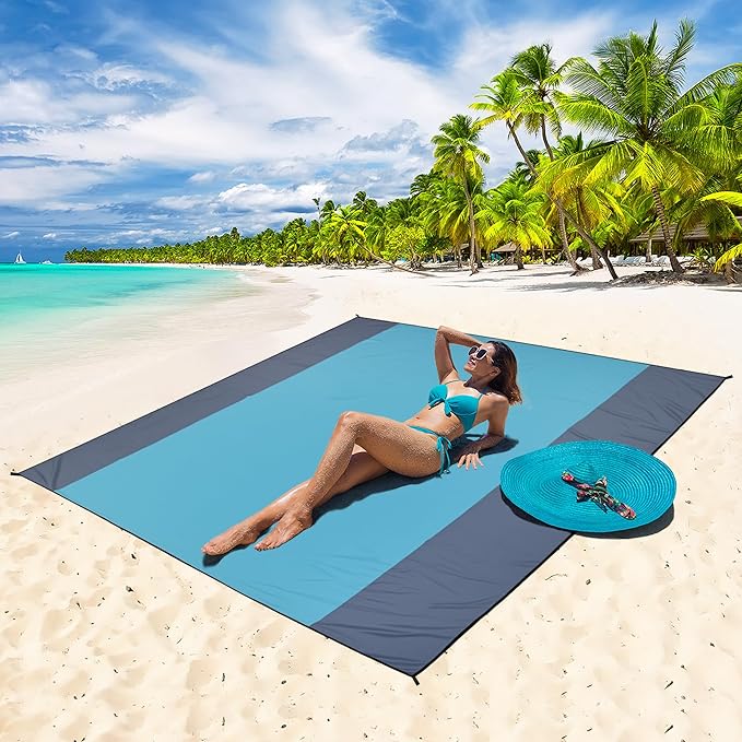 WIWIGO Beach Blanket Waterproof Sandproof Beach Mat 79 X 83/10'x9'for 2-8 Adults Quick Drying Outdoor Picnic Mat Beach Accessories for Travel Camping Hiking