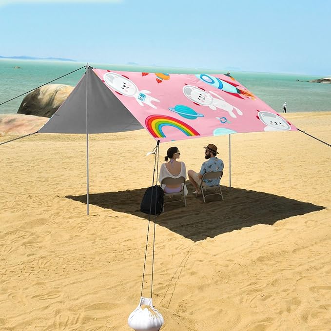 Beach Canopy with Windproof Ropes &amp Sandbags Beach Tent Sun Shade Sun Shelter for Camping Trips Fishing Backyard Fun or Picnics Astronaut Cats