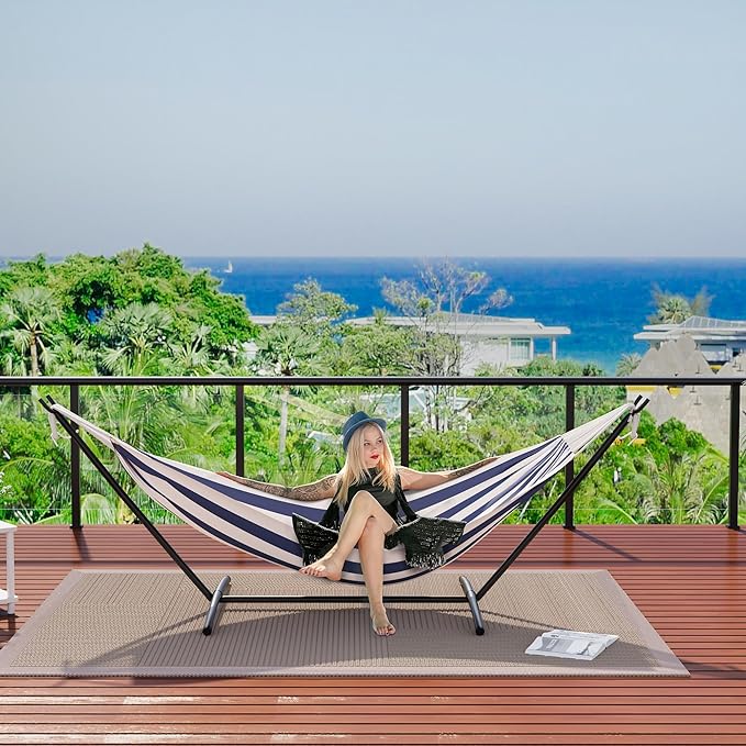 GAOMON Double Hammock with Steel Stand for Outside Portable Space Saving for Indoor Outdoor Patio w/Carrying Bag 450 lbs Capacity - Blue&ampWhite Stripes