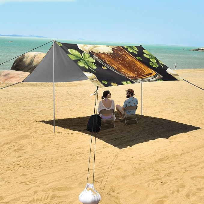 ALAZA St. Patrick's Day Clover Leaves and Glasses of Beer Beach Tent Sun Shelter Portable Canopy Sunshade for Outdoor Camping Picnics Backyard Fun 10x9 ft