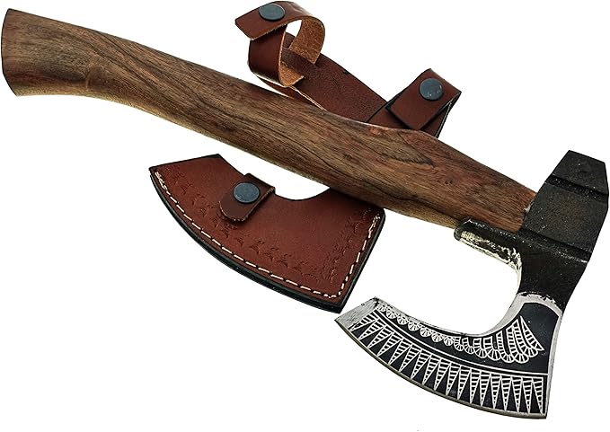 15 Inch long Bearded hiking Axe Carbon steel blade with laser etching Easy grip Rose wood round handle Leather sheath included