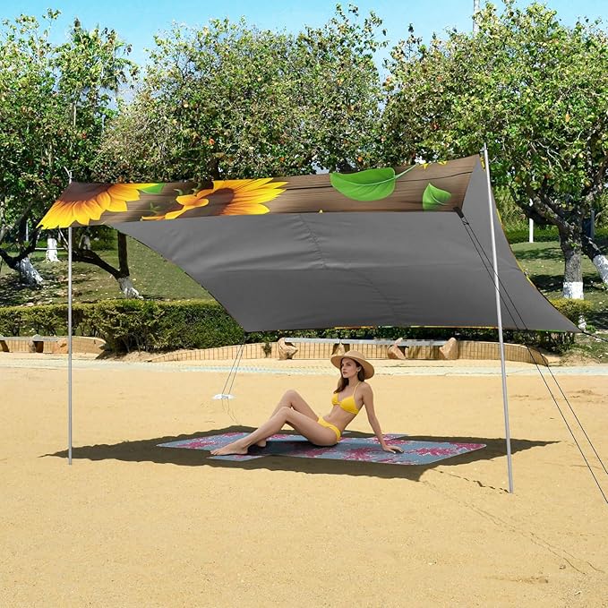 Beach Canopy with Windproof Ropes &amp Sandbags Beach Tent Sun Shade Sun Shelter for Camping Trips Fishing Backyard Fun or Picnics Sunflowers