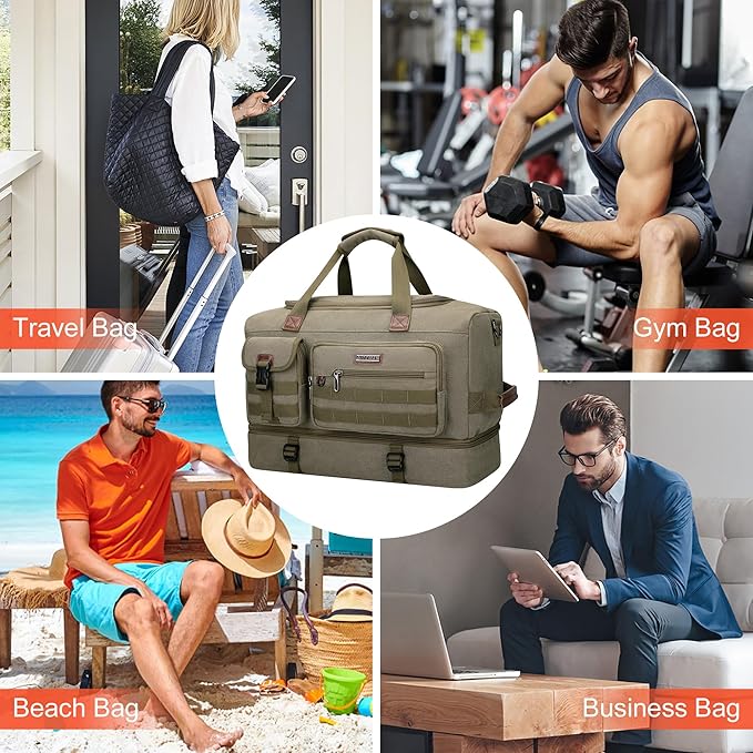 WITZMAN Duffle Bag for Men 50L Canvas Weekender Overnight Bag with Toiletry Bag Sets Travel Duffel Bag Shoes Compartment(A8010/2 Army Green)