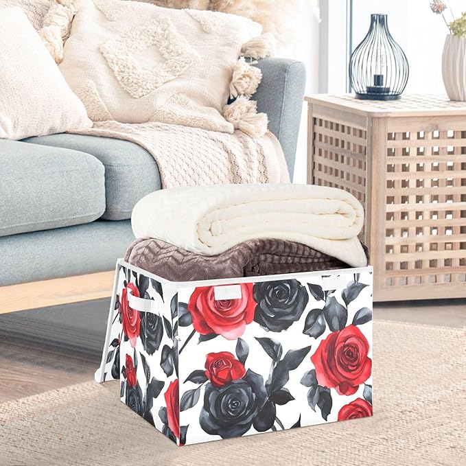 AIXIWAWA Lidded Storage Cube (Rose Red Black) Fabric Foldable Closet Bins with Flip Lid and Handles Organizer Basket Container 16.5 x 12.6 x 11.8 IN