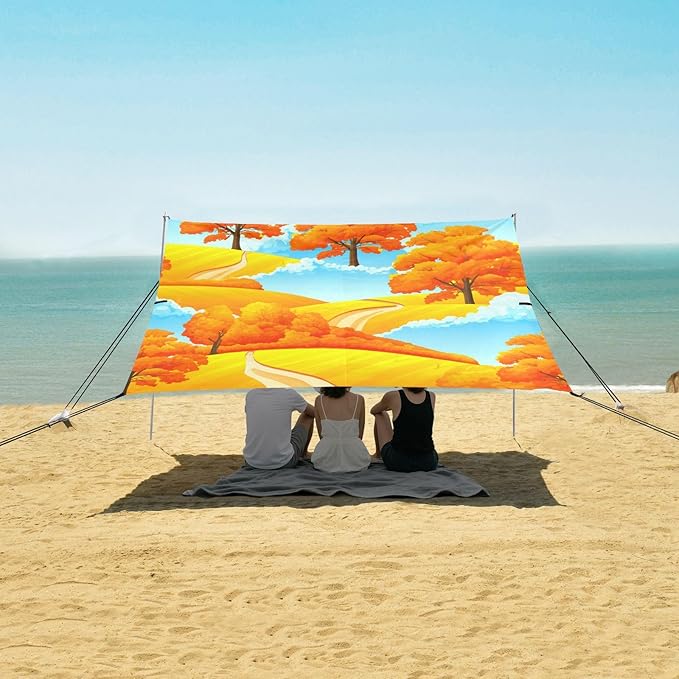 xigua Autumn Beach Tent Sun Shelter with Carrying Bag - Silver Coated Oxford Fabric Beach Canopy for Beach Camping Fishing - Includes Windproof Ropes Sandbags &amp Stakes