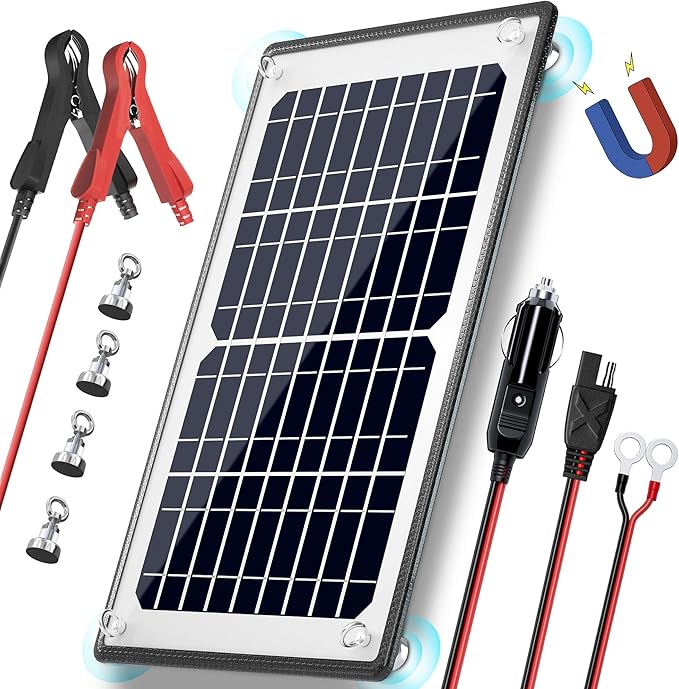 POWOXI 10W 12V Magnetic Solar Battery Trickle Charger Maintainer Built-in MPPT Intelligent Charge Controller Waterproof Solar Trickle Charger Alligator Clip for Car RV Motorcycle Marine etc.