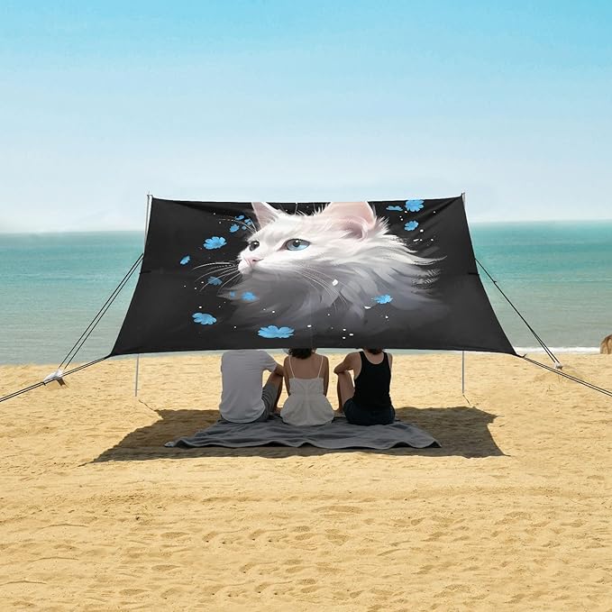 ALAZA White Cat Beach Tent Sun Shelter UPF50+ Protection Beach Shade Canopy w/ 4 Sandbags for Outdoor Camping Fishing Backyard Fun Picnic 10x9 ft