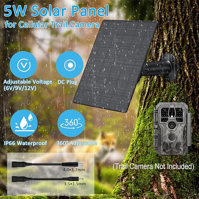 Zivif 5W Trail Camera Solar Panel 10400mAh Built-in Battery Adjustable 6V/9V/12V Output DC Plugs 5.5x2.1mm 4.0x1.7mm 3.5x1.35mm IP66 Waterproof 360° Mount 9.8ft Cable