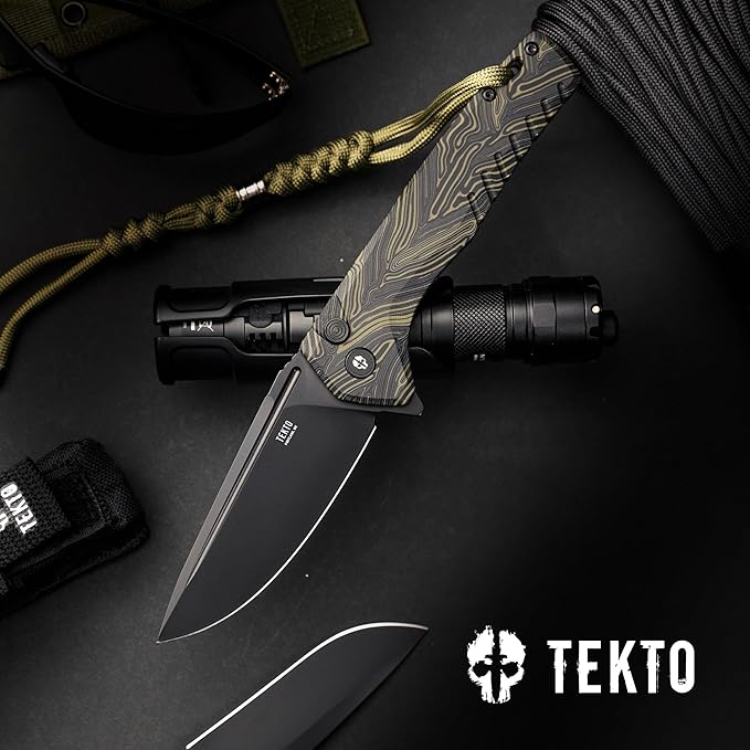 TEKTO F3 Charlie Button Lock Folding Knife Oversized Fine Edge Blade - Easy Open Pocket Knife with Titanium Coated D2 Steel &amp Black Titanium Barrel Spacers