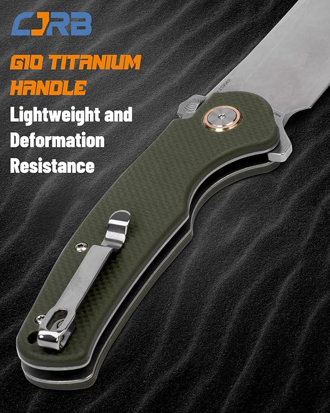 CJRB Crag Tactical Knife Cleaver Pocket Folding Knife with Stonewash AR-RPM9 Steel Blade and G10 Handle for Men Outdoor Survival Camping and EDC (J1904R)Green