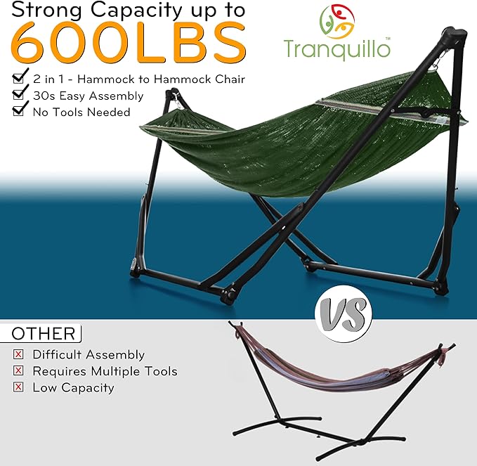 Tranquillo UniGen Hammock/Hammock with Stand for Outside Double Hammock for 2 Persons Foldable Portable Hammock Stand 600 lbs Capacity/Portable Hammock with Stand Foldable Moss Green