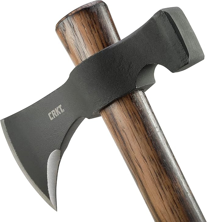 CRKT Black Woods Chogan T-Hawk Outdoor Survival Tomahawk: 1055 Carbon Steel Plain Edge Blade Tennessee Hickory Handle with Leather Sheath 2730KS