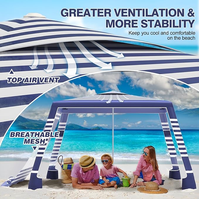 Beach Tent8'×8' Large Beach Canopy for 4-6 PeopleEasy Setup Beach Sun Shelter with UPF 50+ ProtectionAdjustable Height &amp Wind Resistant Beach Cabana for FamilyParty (Navy Blue-Stripes)