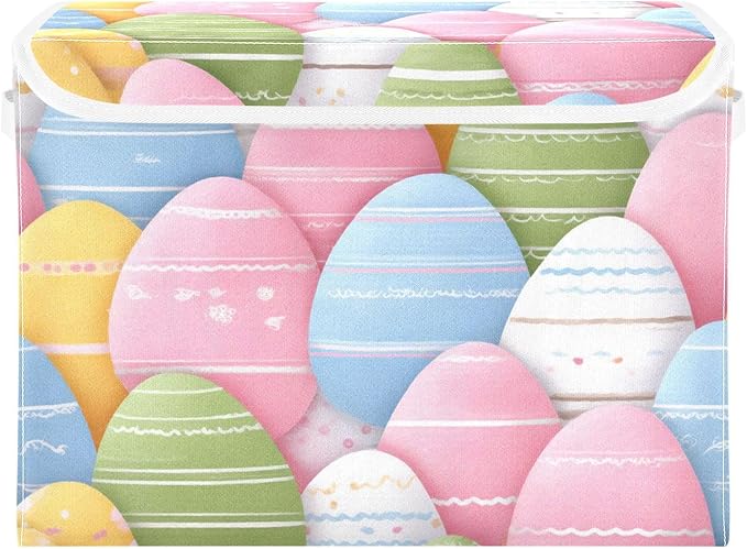 Cute Colorful Easter Eggs Storage Box with Lid 1 PC Foldable Storage Bin with Lids Stackable Storage Bins Cube Closet Organizer Basket with Flip-Top Lid &amp Handles for Shoes Books Towels