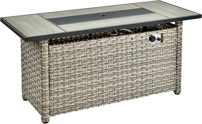 OVIOS 54 Inch Outdoor Patio Fire Pit Table 50000 BTU Heater PE Rattan Propane Firepits with Ceramic Tabletop Waterproof Cover Lid and Lava Rock Rectangular Mixed Color