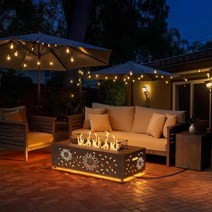 2-Piece 42 LED Rectangular Propane Fire Pit for Outside Patio with Hidden Tank Table 50000 BTU Fireplaces with Glass Wind Guard Lid Glass Rocks Cover(Sunflower w/Warm Light)