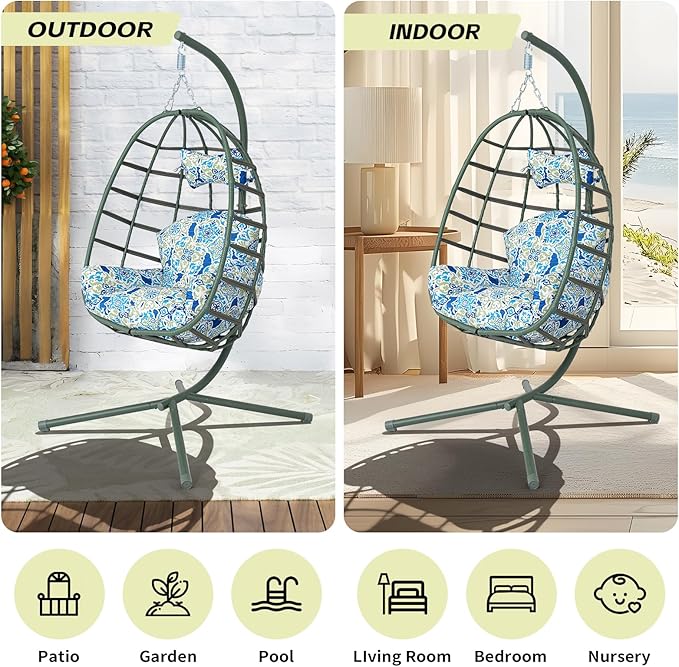 Hanging Egg Chair with Stand Outdoor Indoor Patio Rattan Swing Hammock Chairs with Washable Cushion 350lbs Capacity PE Wicker Swing Chair for Backyard Bedroom Garden (Dark Green + Floral Cushion)