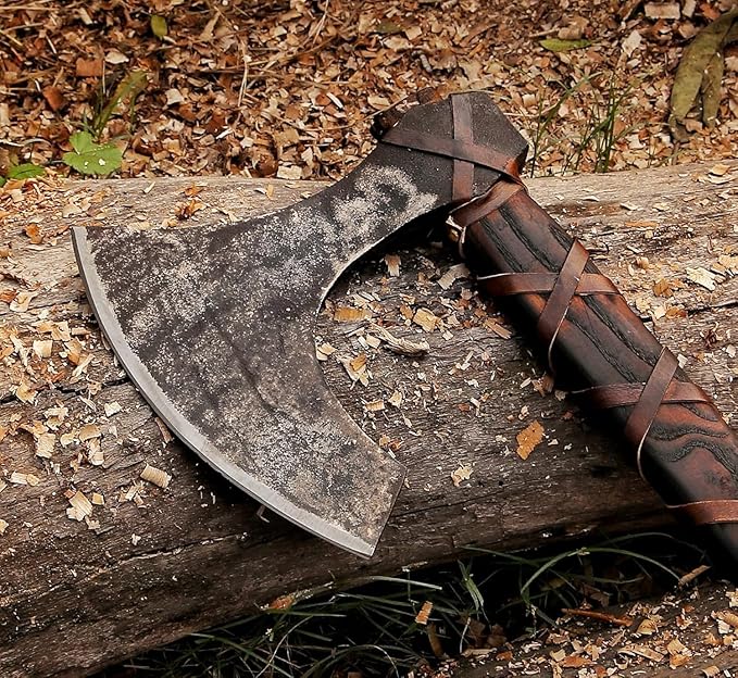 Qepaa Crafts® Handmade Viking Axe – 38 Two-Handed Bearded Norse Axe with Sheath – Forged Steel Berserker Hatchet for Throwing Chopping Camping Gifting(THA)