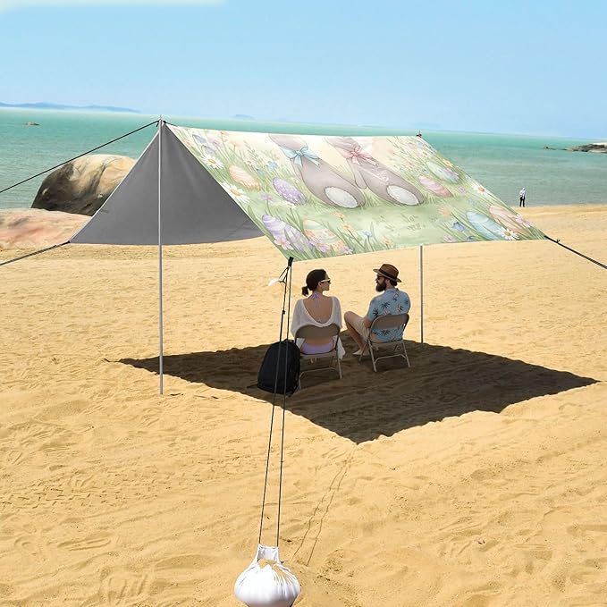 Easter Bunny Beach Canopy Sun Shelter with Sandbags &amp Sand Shovel &amp Windproof Ropes - Portable 110x126 Beach Shade Beach Tent for Camping Picnics