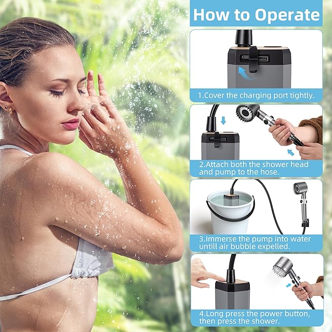 AMTPM Portable Outdoor Shower 6000mAh Camping Shower with Digital Display 3 Modes Emergency Power Bank for Camping Hiking Pet Bathing Car Washing