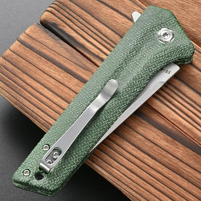 FF4 Folding Knife AUS-10 Steel Blade Micarta Handle Knife for Outdoor Camping Hunting Fishing Survival(Green)