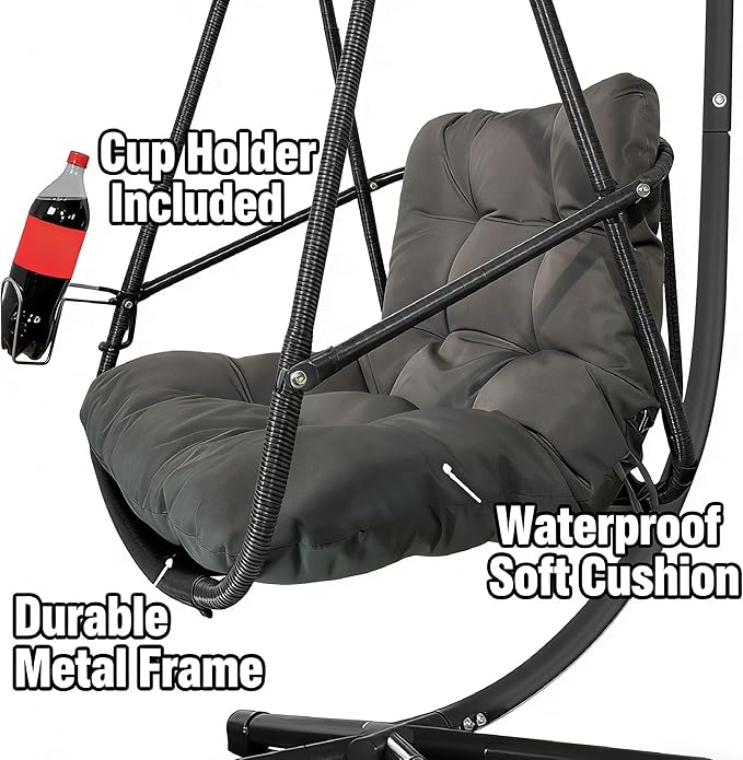 JESE Swing Egg Chair with Stand - UV Resistant &amp Waterproof Cushion Included with Cup Holder - Indoor/Outdoor Hanging Hammock Chair Suitable for Patio Bedroom Balcony Garden (Black)