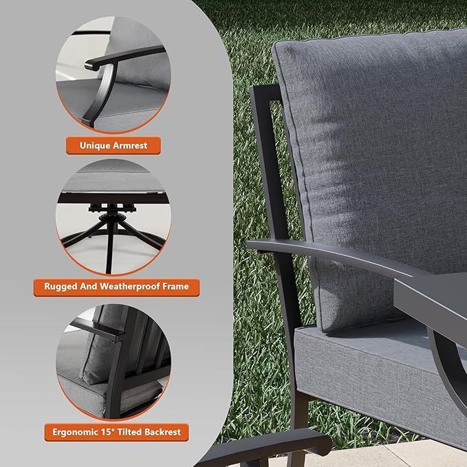 5 Pcs Metal Outdoor Patio Furniture Set with 48/55000 BTU Outdoor Round Propane Fire Pit TablePatio Conversation Sets 4 Fixed Chairs No-Slip Cushions and Waterproof CoversGrey