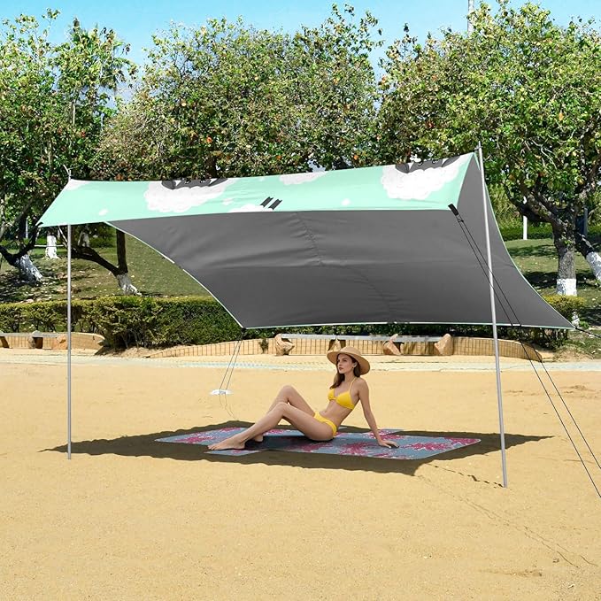 Beach Canopy with Windproof Ropes &amp Sandbags Beach Tent Sun Shade Sun Shelter for Camping Trips Fishing Backyard Fun or Picnics Sheep