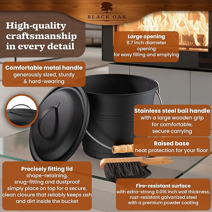 BLACK OAK Ash Bucket Piton 1.5 GAL - Black with lid with Wooden Handle + Brush + Shovel &amp Gloves - 5L Large Steel Fireproof Galvanized &amp Powder-Coated Bucket ash Coal pellets Timeless Design