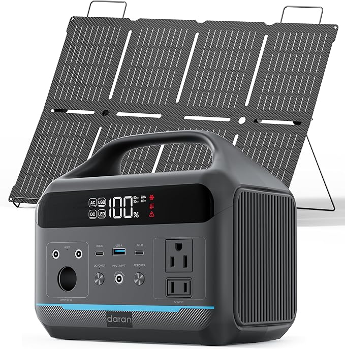 DARAN Portable Power Station 600W with 80W Solar Panel 288Wh LiFePO4 Solar Generator Dual AC Outlets 100W USB-C PD Fast Recharge for Camping RV Power Outage Emergency Backup