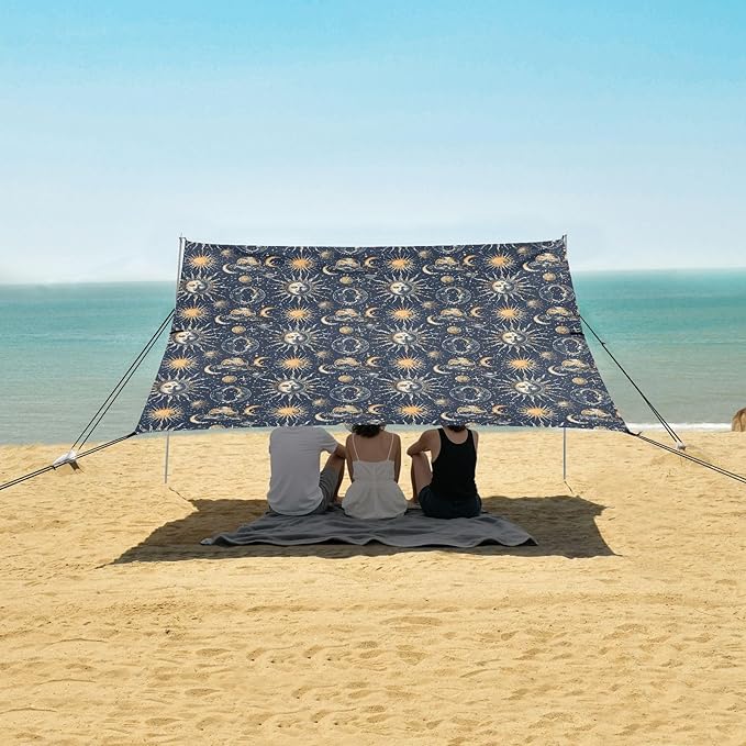 ALAZA Sun Planet Moon Beach Tent Sun Shelter UPF50+ Protection Beach Shade Canopy w/ 4 Sandbags for Outdoor Camping Fishing Backyard Fun Picnic 10x9 ft