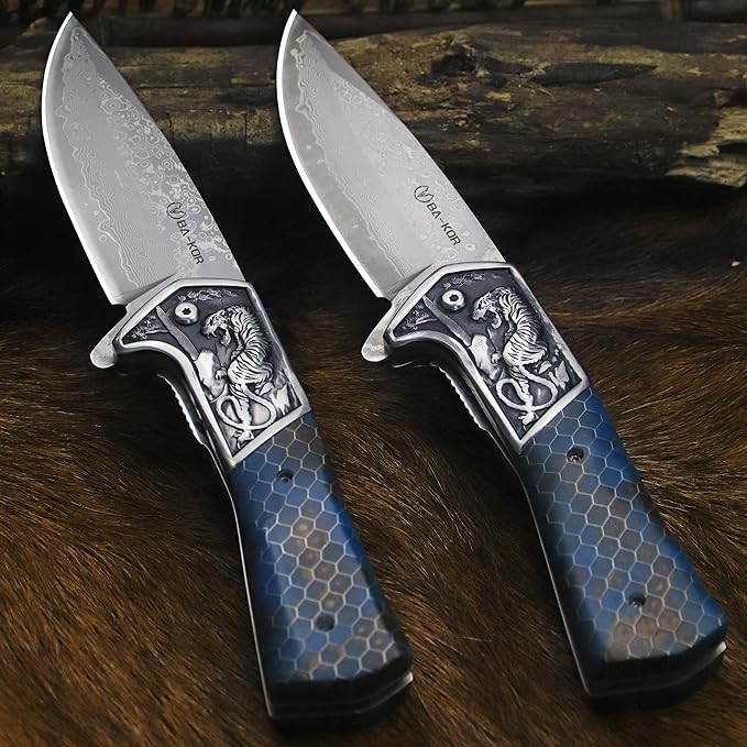 BA-KOR B21A Devil Tiger (XL) 248mm Damascus pocket knife featuring stainless steel and resin aluminum honeycomb-pattern handle &amp(5.9IN) cerium igniter suitable for both men and women as a campin