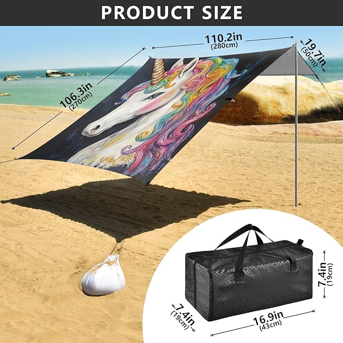 ALAZA Rainbow Unicorn Head Beach Tent Sun Shelter Portable Canopy Sunshade for Outdoor Camping Picnics Backyard Fun 10x9 ft