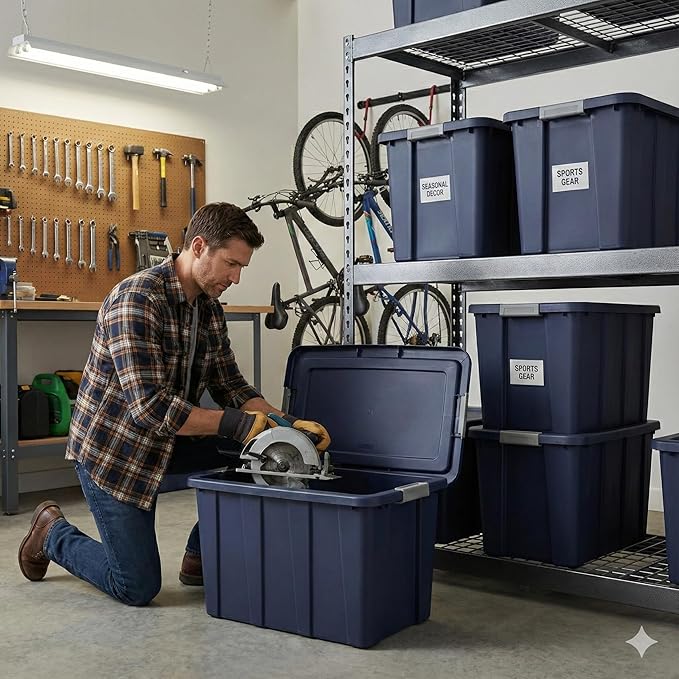 30 Gallon Latching Tuff1 ToteRugged Plastic Bin with LidDark Blue Tuff1 Tote