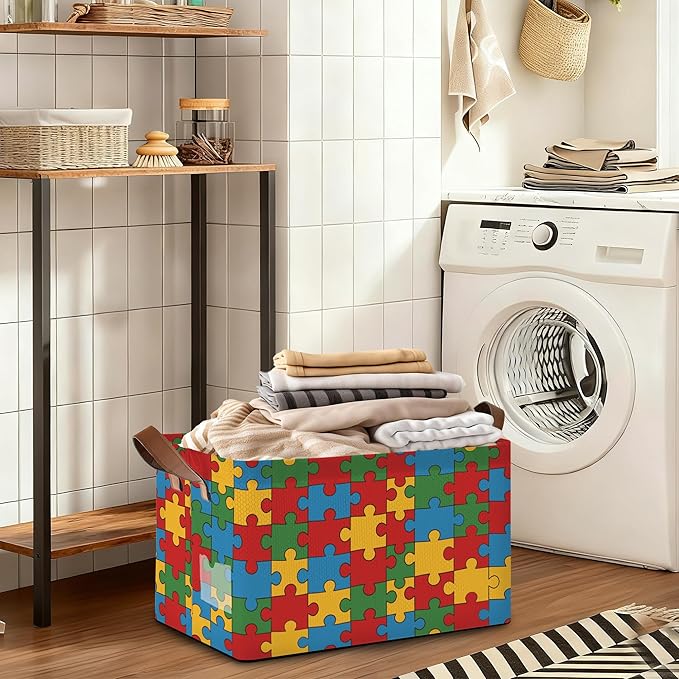 Jigsaw Storage Bins with Handles Collapsible Storage for Clothes Gift Basket Blankets &amp Closet Organization