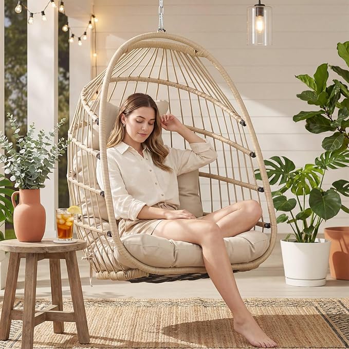 Nicesoul Outdoor Hanging Egg Chair Without Stand Patio Wicker Swing Egg Basket Chairs with Padded Cushion 350 Lbs Comfy Cozy Ceiling Tree Swinging Egg-Shaped Chair No Stand for Indoor Balcony Beige