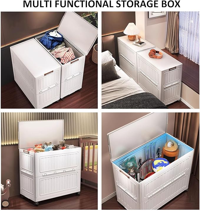 190QT Large Plastic Storage Bin With Lid And Wheels Folding Stackable Storage Box For Home Office Clothes And Blanket Organizer