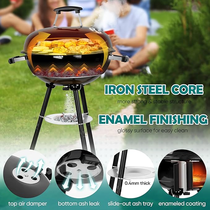 HaSteeL 18 Inch Charcoal Grill Black Kettle Outdoor Barbecue Grill 2-In-1 Portable BBQ Grill with Wheels for Camping Backyard Patio Picnic Porcelain-Enameled Lid &amp Fire Bowl 254.SQ.IN Cooking