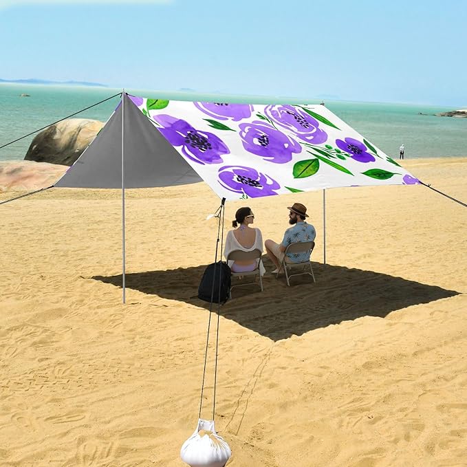 Beach Canopy with Windproof Ropes &amp Sandbags Beach Tent Sun Shade Sun Shelter for Camping Trips Fishing Backyard Fun or Picnics Purple Flowers