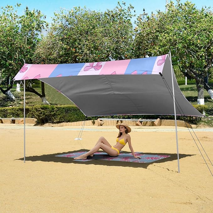 xigua Bow Tie Beach Tent Sun Shelter with Carrying Bag - Silver Coated Oxford Fabric Beach Canopy for Beach Camping Fishing - Includes Windproof Ropes Sandbags &amp Stakes