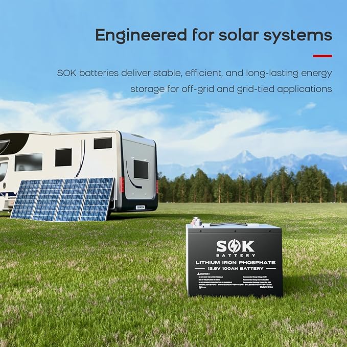 SOK Battery 12V 100Ah LiFePO4 Deep Cycle Lithium Iron Phosphate Battery Built-in Bluetooth Low Temperature Protection &amp Self Heating Function Suitable for RV and Solar &amp Wind Off-Grid Use