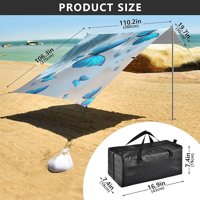 ALAZA Blue Butterflies Beach Beach Tent Sun Shelter UPF50+ Protection Beach Shade Canopy w/ 4 Sandbags for Outdoor Camping Fishing Backyard Fun Picnic 10x9 ft
